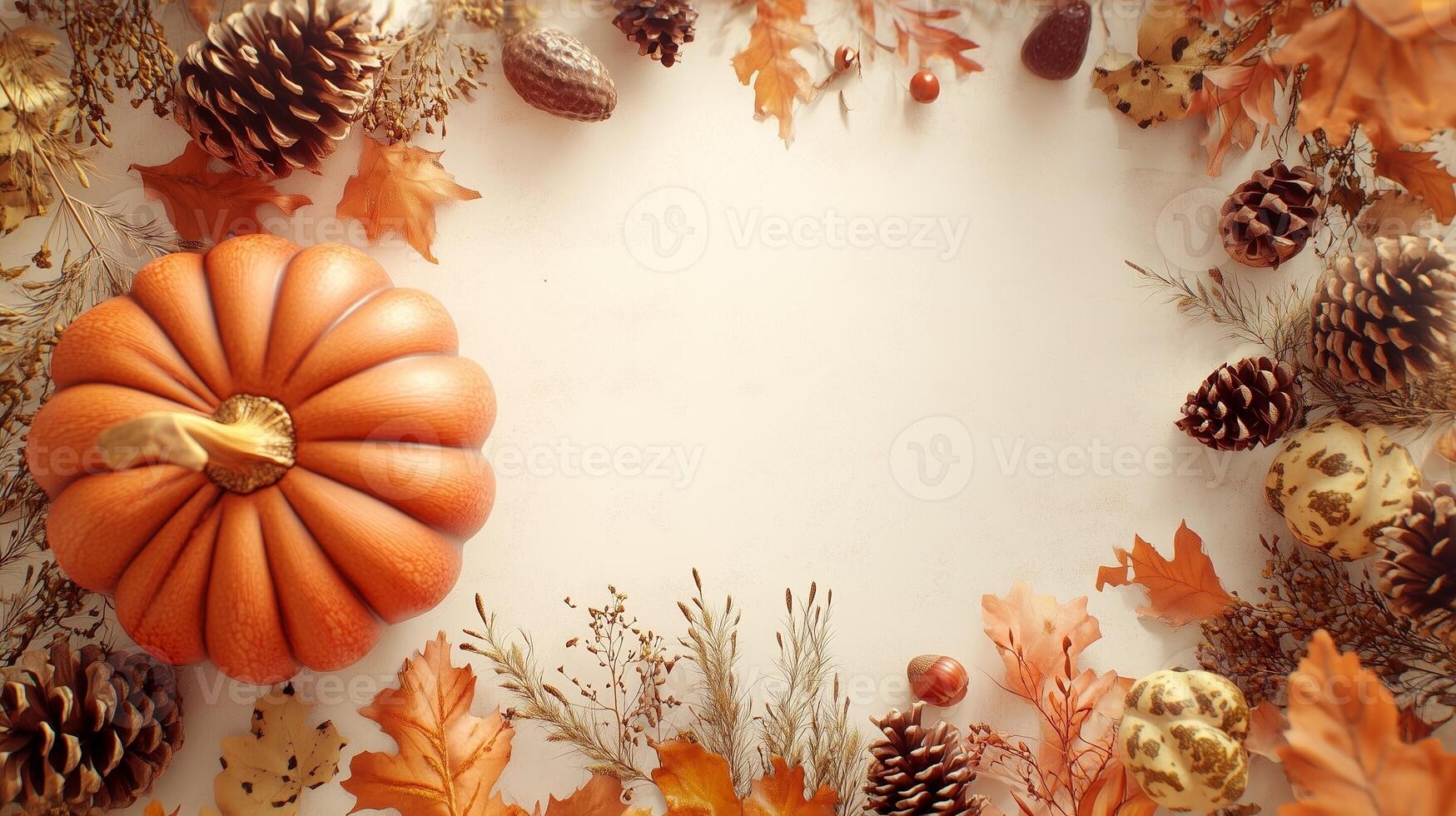 Rounded pumpkin, autumn leaves and pine arranged copy space background photo