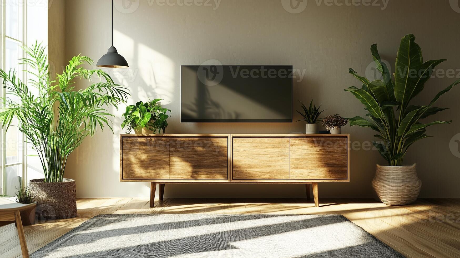 Cabinet television wooden desk and house plant in cozy living room photo