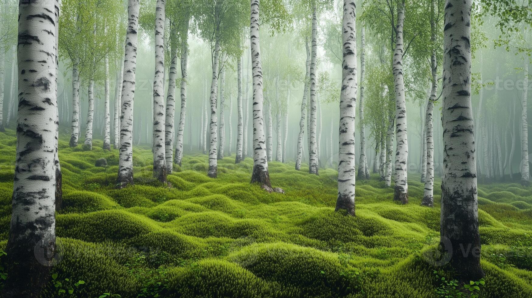Forest tall tree from mystical forest with little fog and green grass on bottom photo