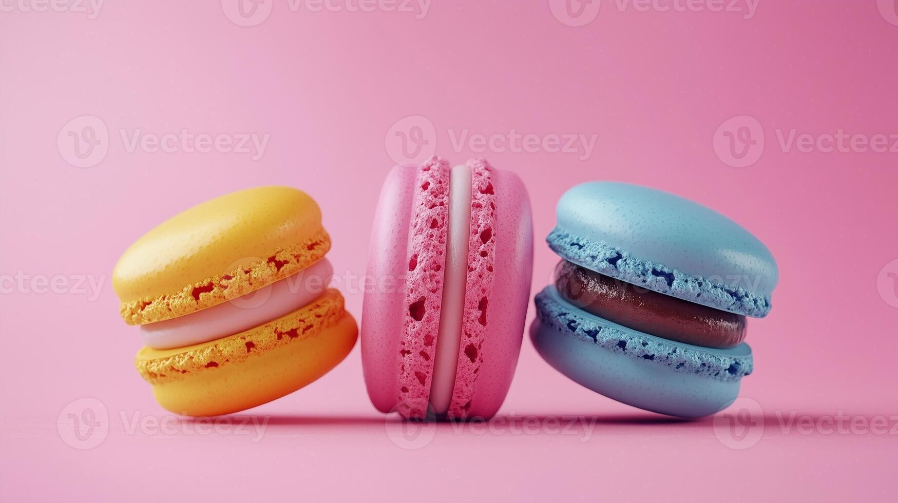 Macaroon yellow, pink and blue flavor cream stack sweet snack dessert for tea time photo