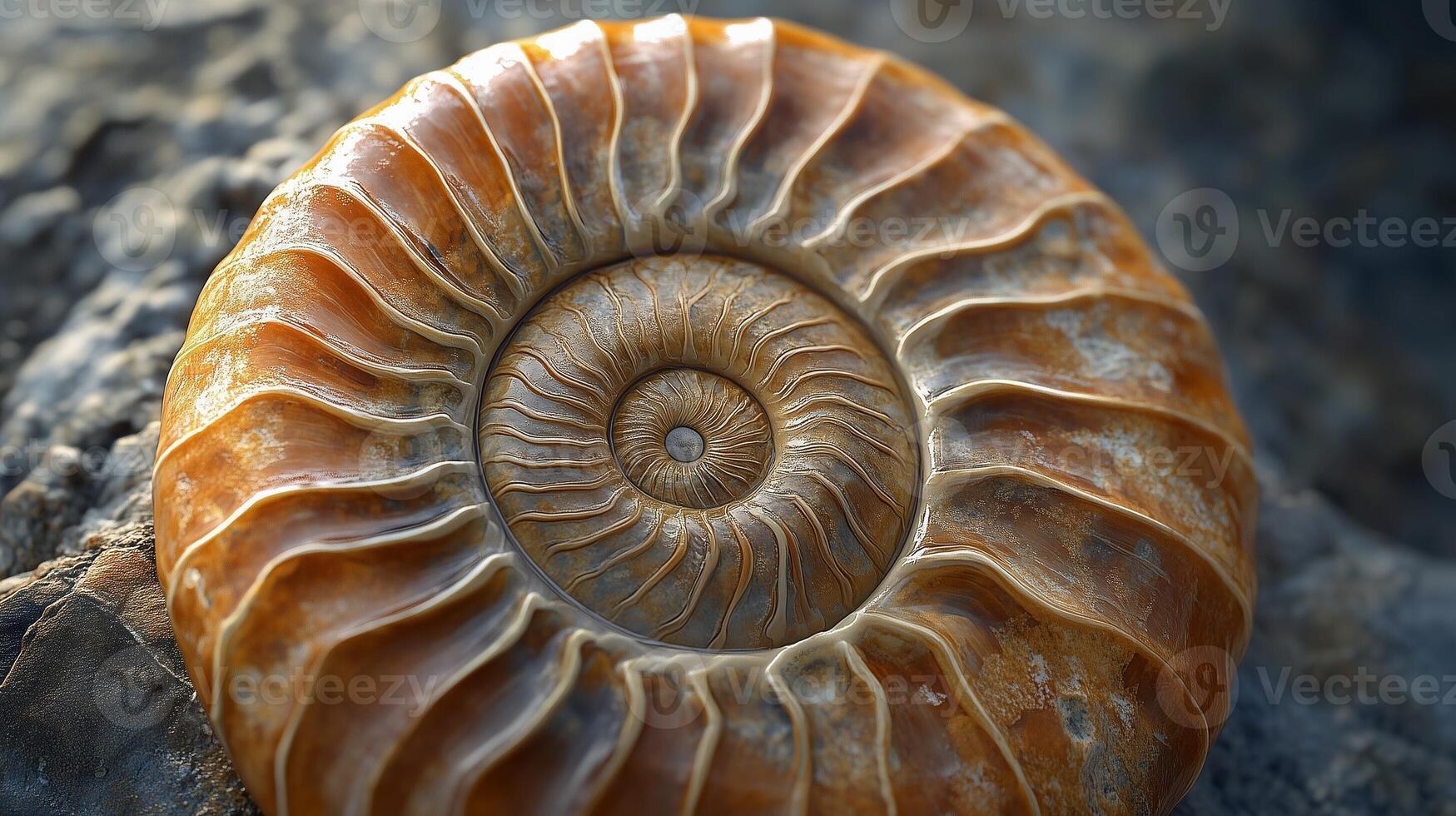 Ammonite shell fossil skeleton of ancient animal on rocky ground photo