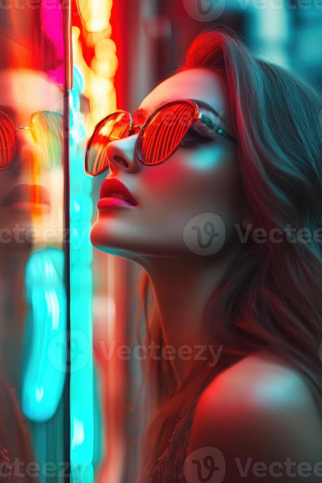 Woman in stylish sunglasses poses in neon-lit urban setting at night photo