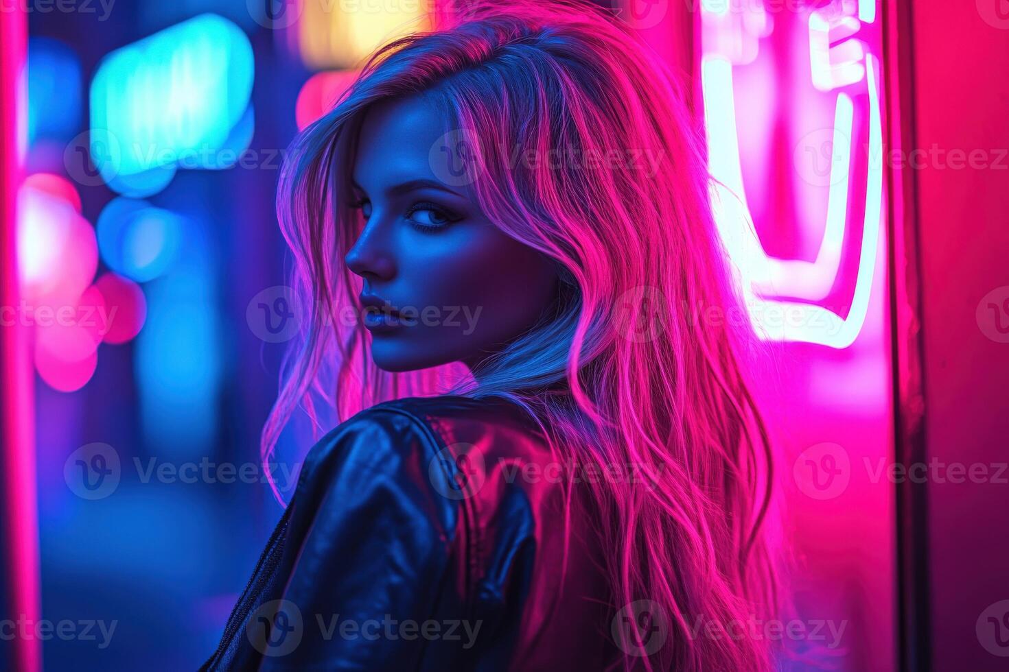 Young woman poses confidently under neon lights during nighttime photo