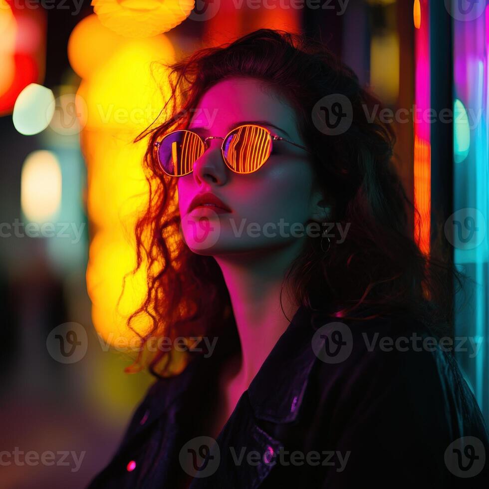 Young woman with curly hair in sunglasses against colorful neon lights photo