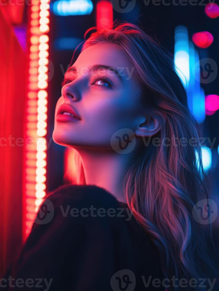 Woman gazing at neon lights in urban setting during nighttime photo