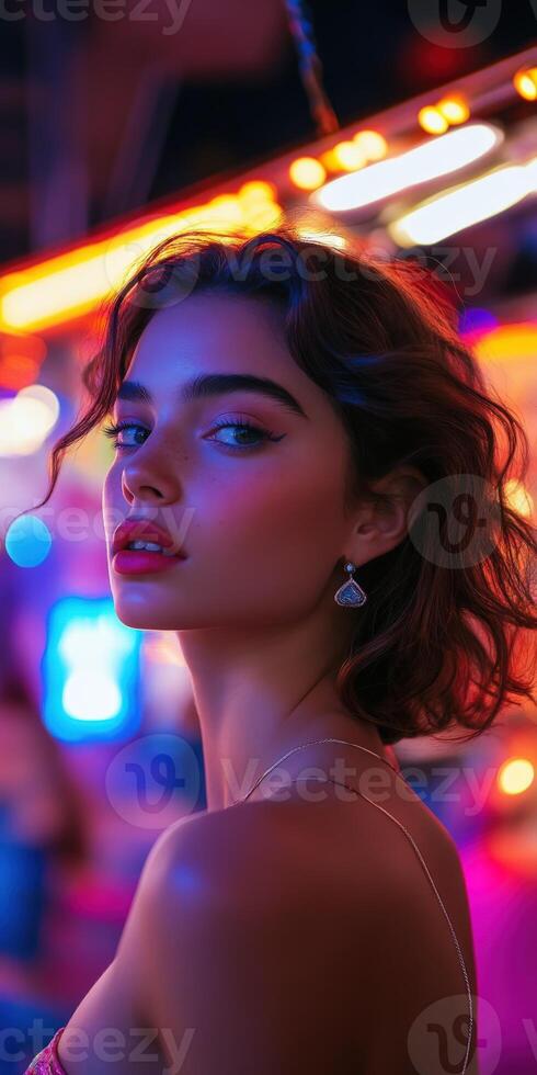 Young woman posing under colorful neon lights at night fair photo