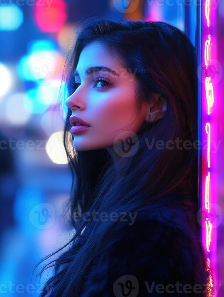 Young woman with long hair leaning against a neon-lit wall in the city photo
