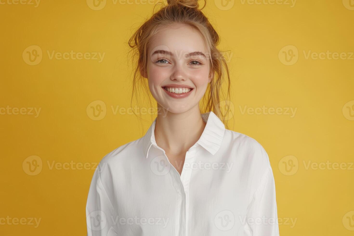 Young woman smiling brightly against a vibrant yellow backdrop photo