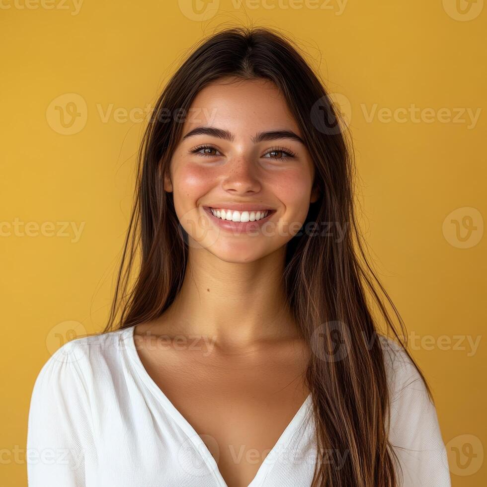 Young woman smiles brightly against a vibrant yellow background photo