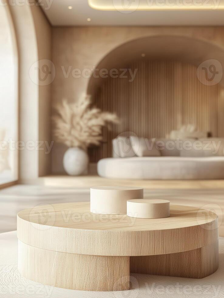 Elegant wooden coffee table in a modern living room with natural light photo