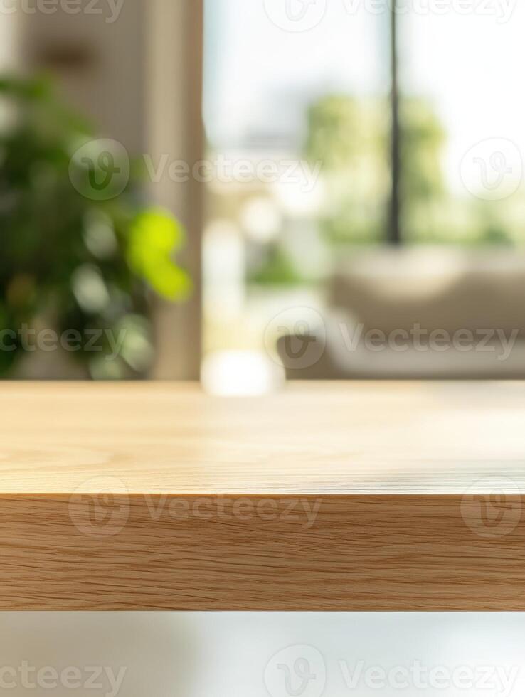 Sunlight streaming through windows onto a wooden table in a bright room photo