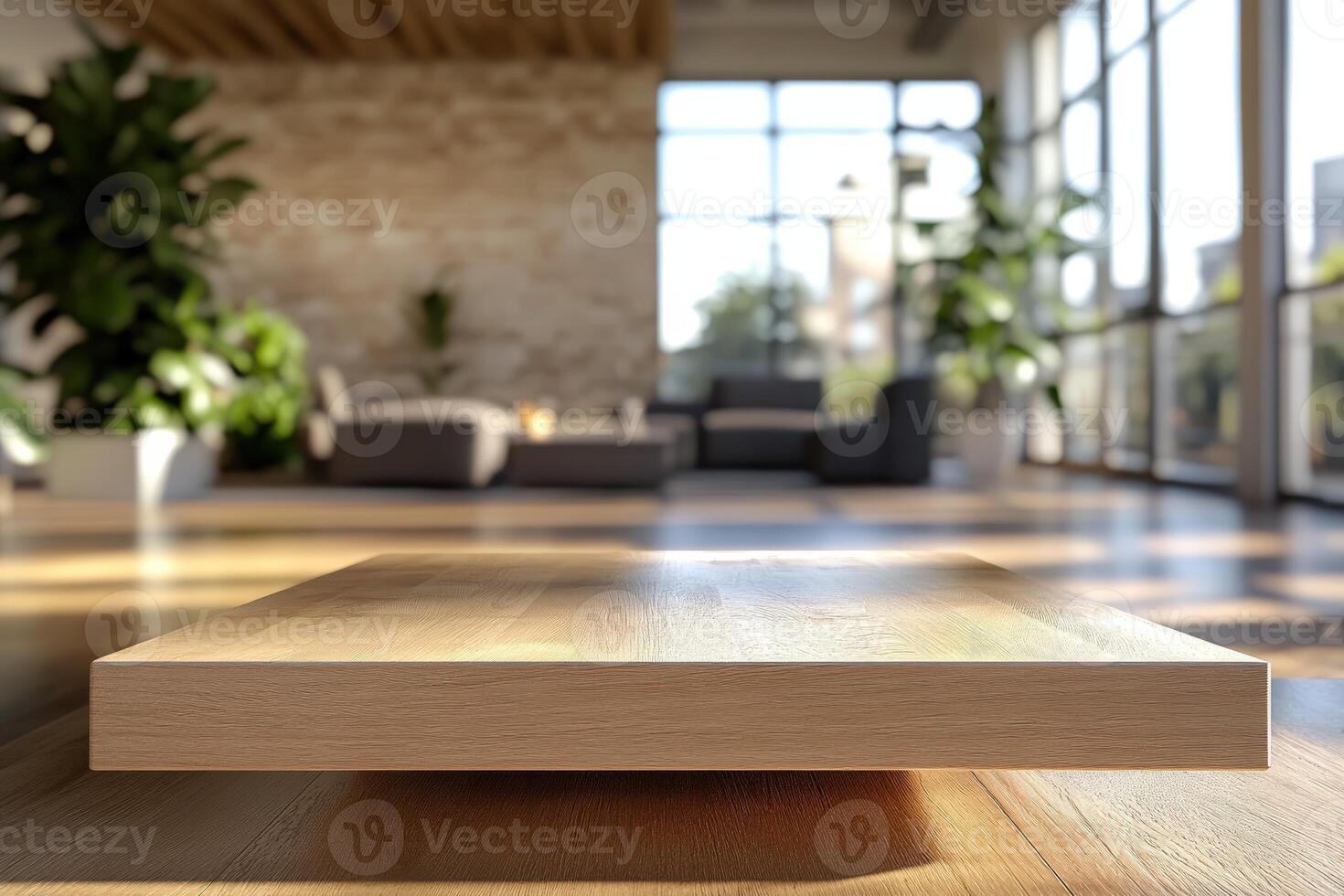 Modern living room with wood surfaces and afternoon light photo