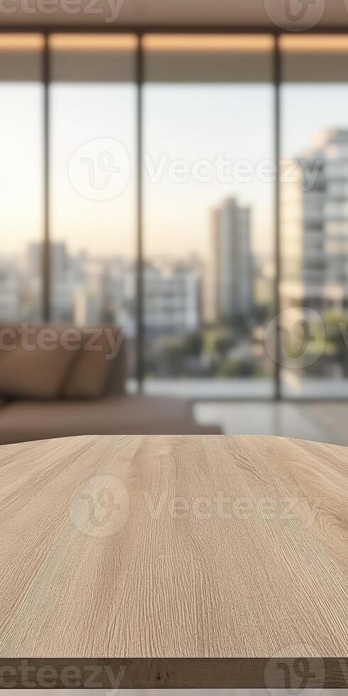 A sunlit urban apartment with a wooden table and city skyline view photo
