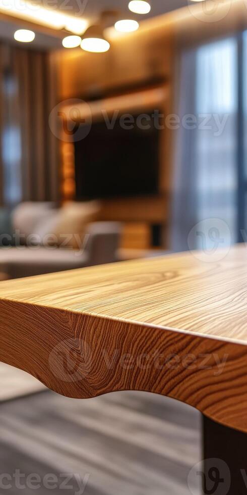 Beautiful wooden table with elegant living room in the background photo