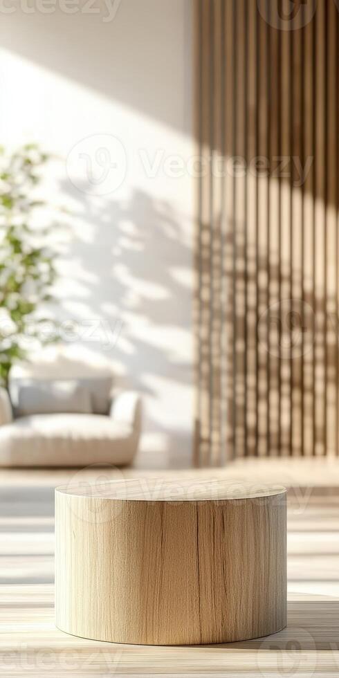Sunlit modern living room with wooden table and greenery in background photo
