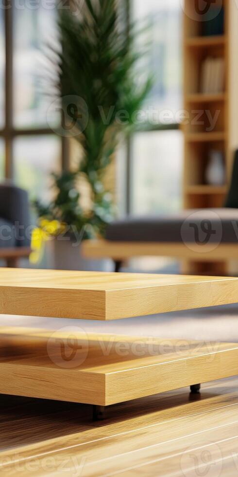 Modern wooden table in a bright living room with plants and seating photo