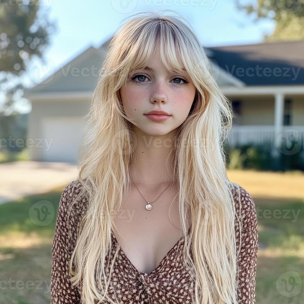 Young woman with long blonde hair poses outdoors near a house in sunlight photo