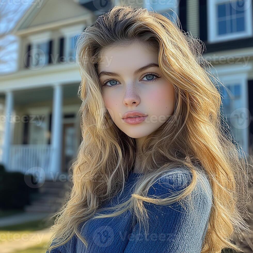 Young woman with wavy hair poses confidently outside a modern home photo