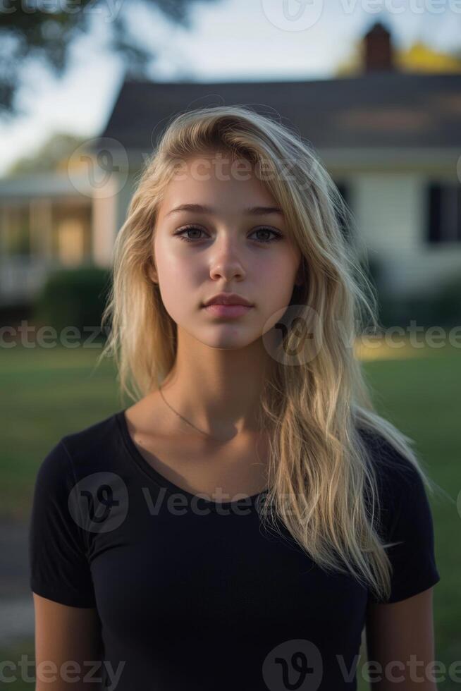 A young woman stands confidently outdoors in late afternoon sunlight photo