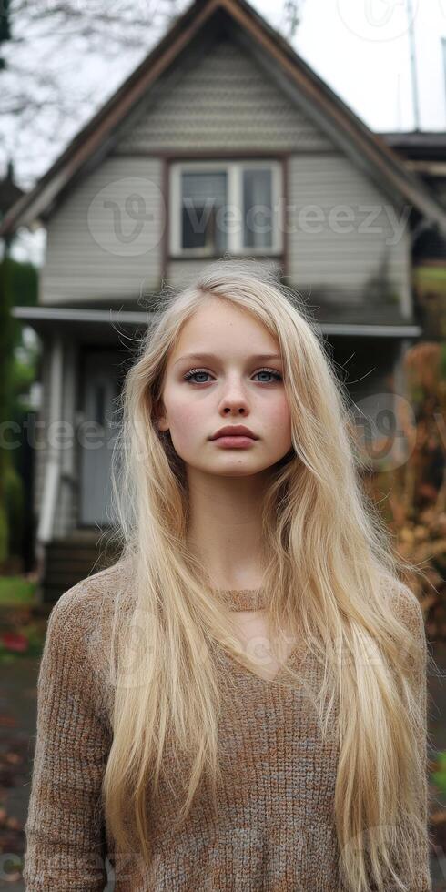 Young woman with long hair by an old house on a cloudy day photo