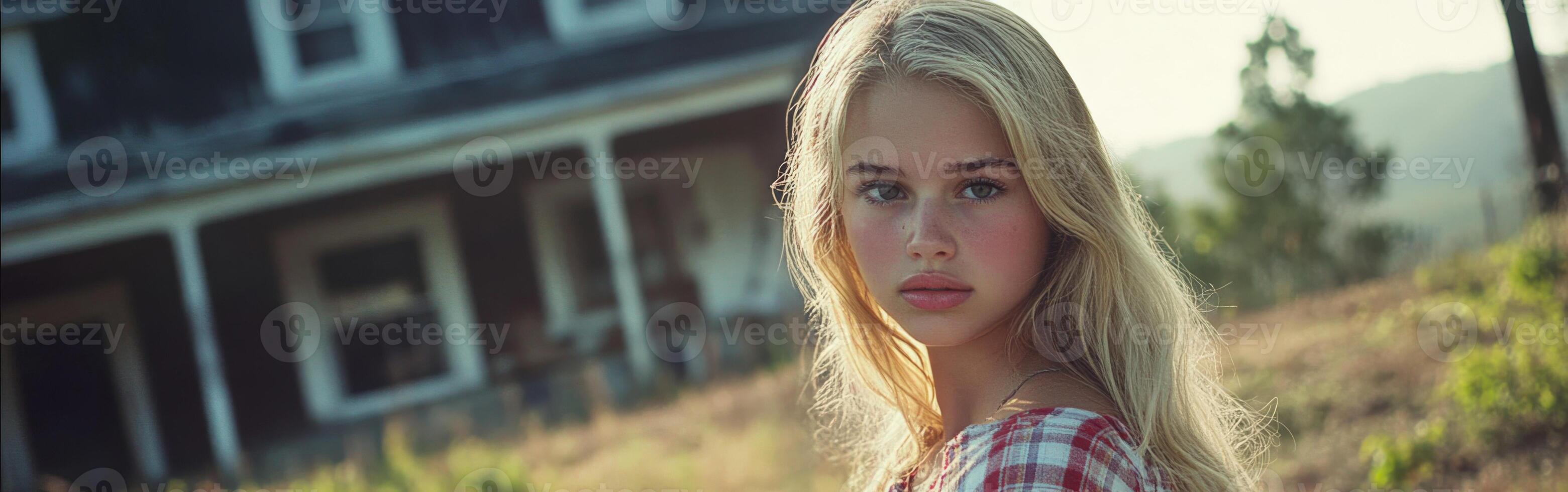 Young woman with long blonde hair in a vintage dress at sunset photo