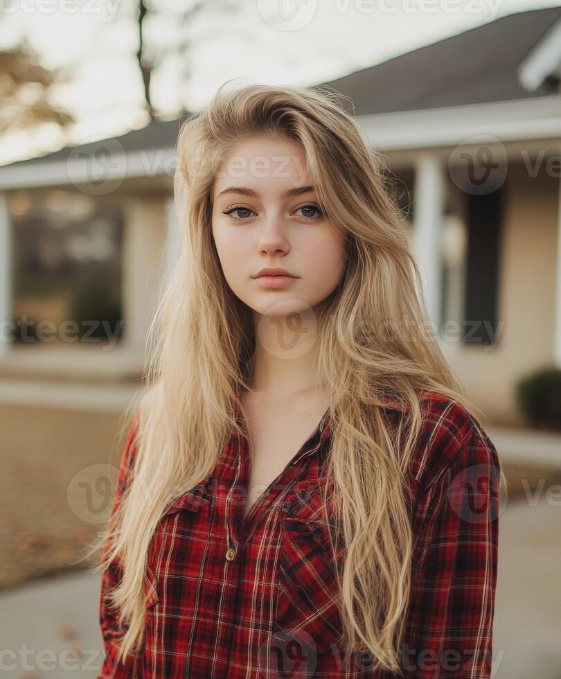 Young woman in a plaid shirt stands outside a house in autumn photo