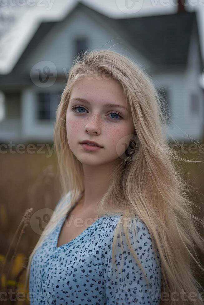 Young woman with long blonde hair in a field by an old house photo
