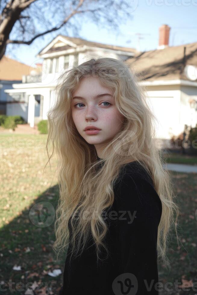 Young girl with long hair stands in an autumn yard near her home photo