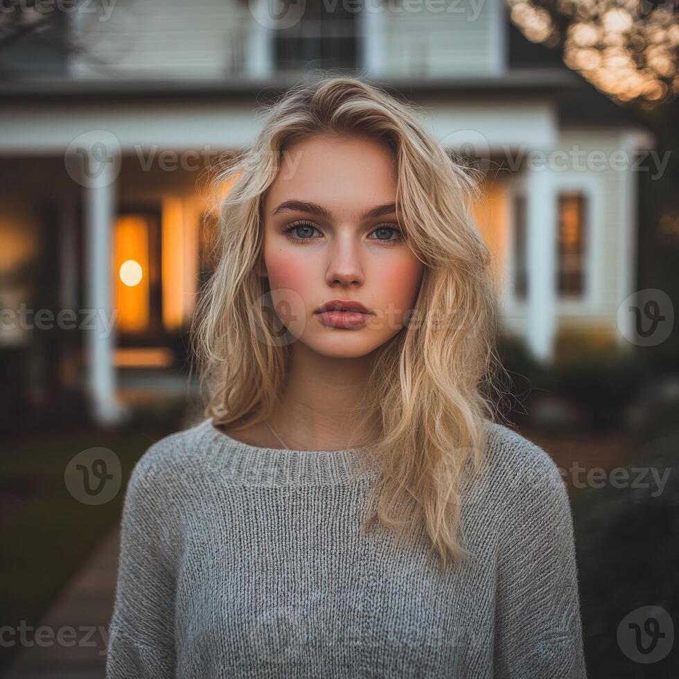 Young woman with wavy hair outside a house during sunset photo
