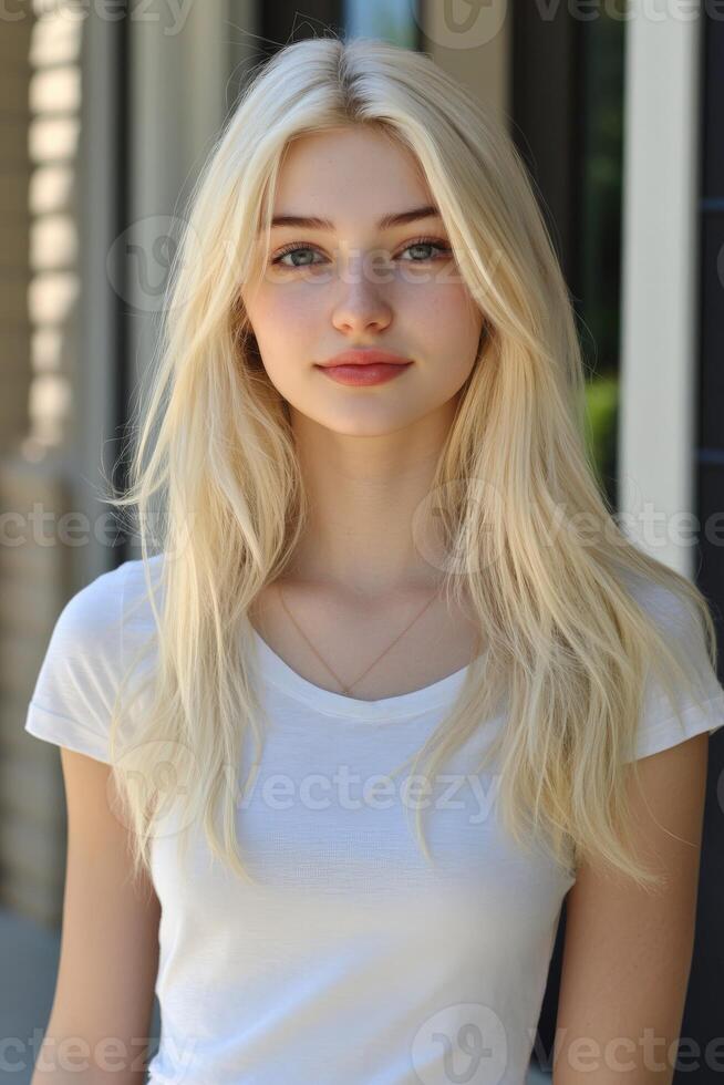 Young woman with long blonde hair standing outdoors in daylight photo
