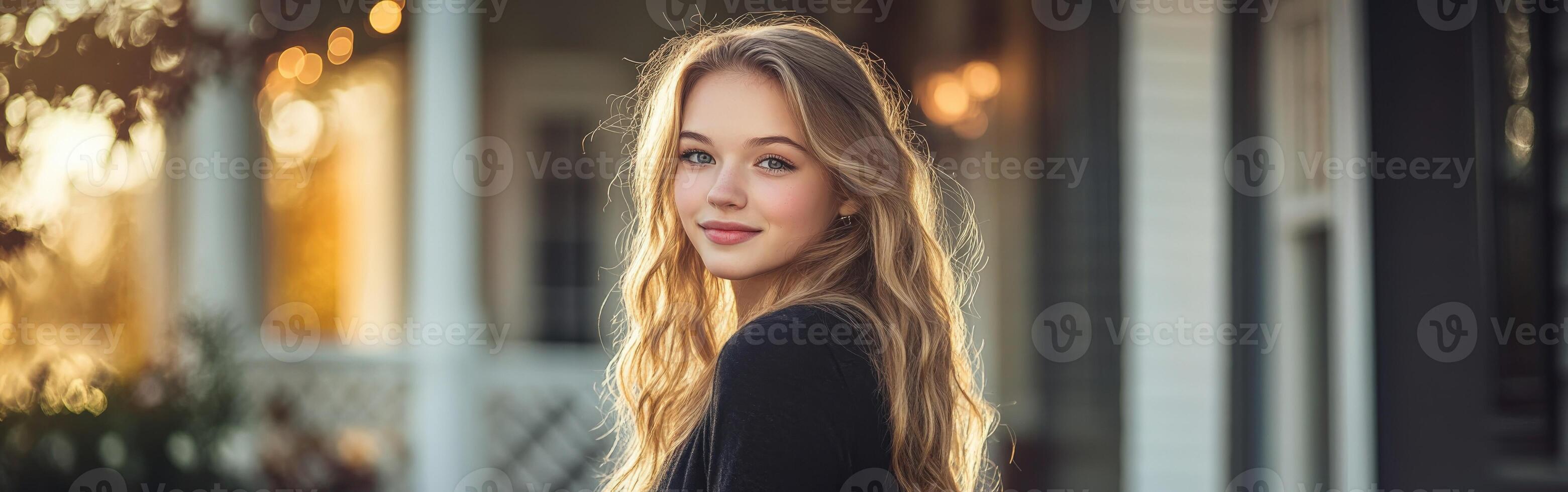Young woman with long hair enjoying golden hour light outdoors photo