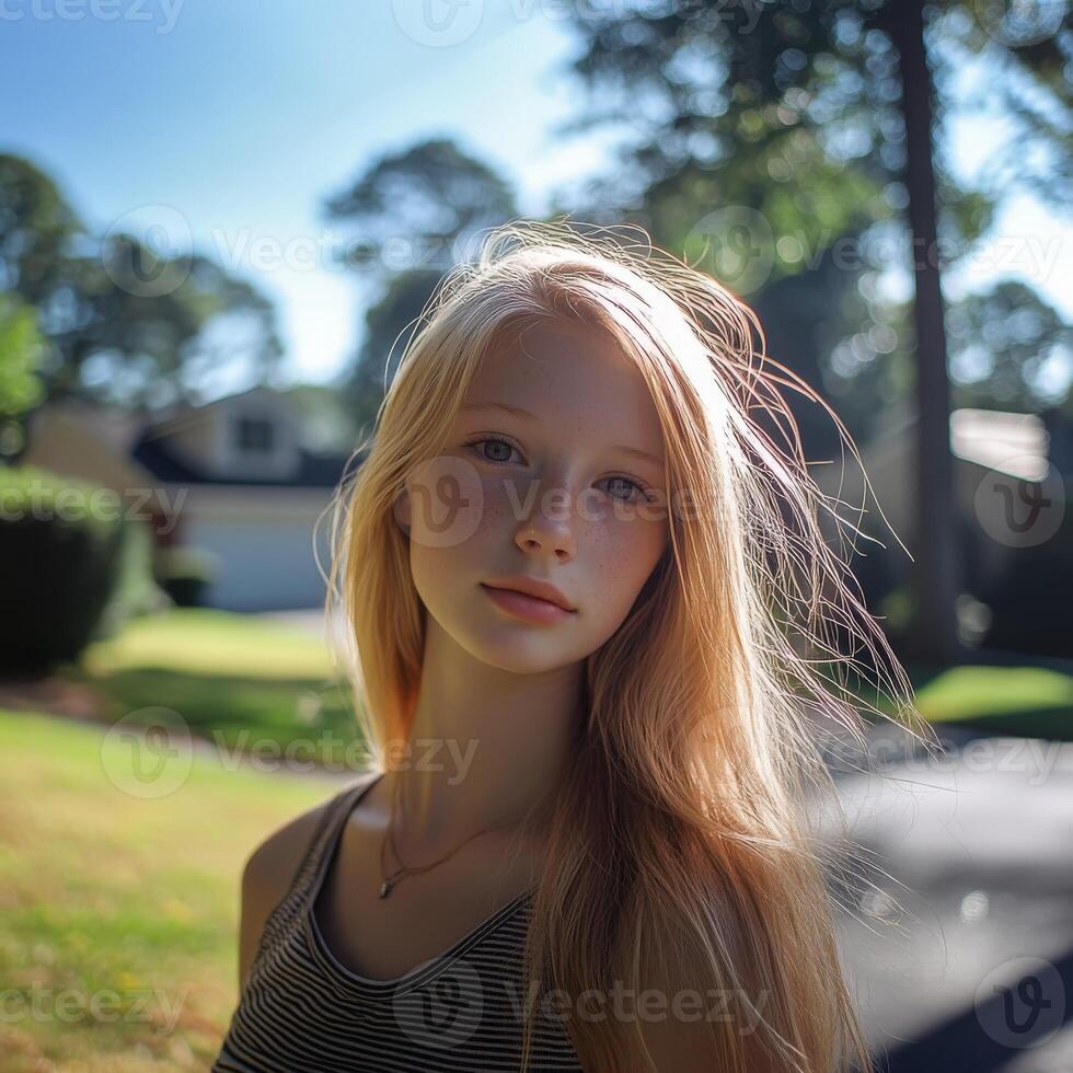 Young girl with long hair standing in a sunny yard during afternoon photo