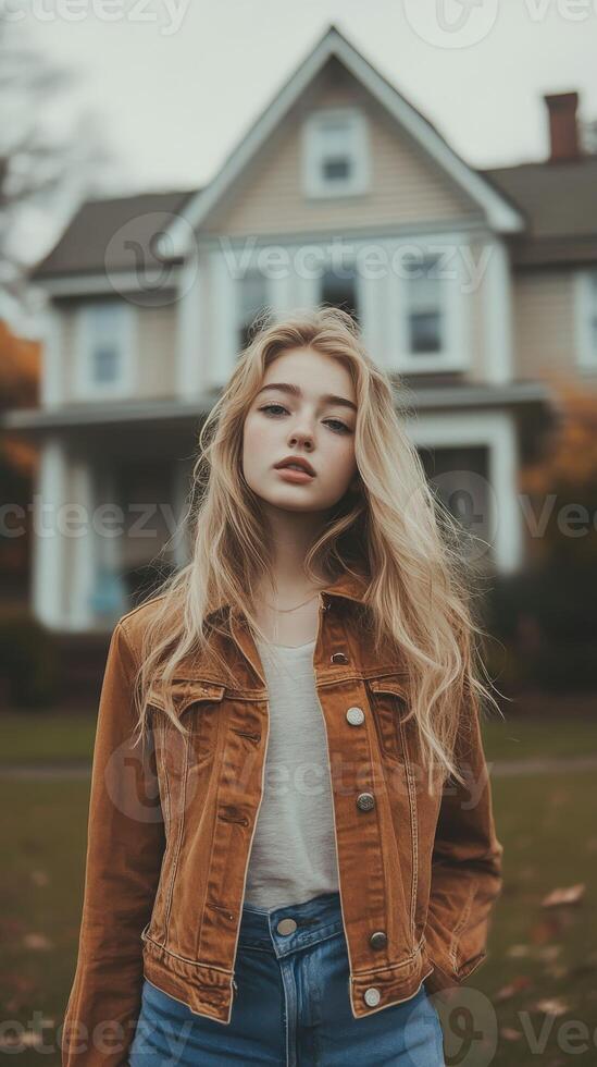 Young woman in a casual jacket poses in front of a vintage house photo