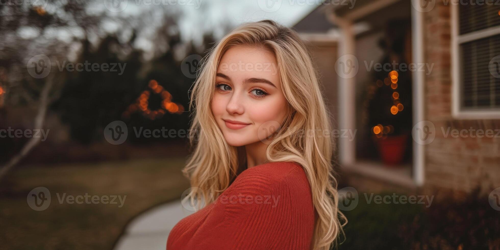 Young woman with blonde hair smiles in front of a cozy home at dusk photo