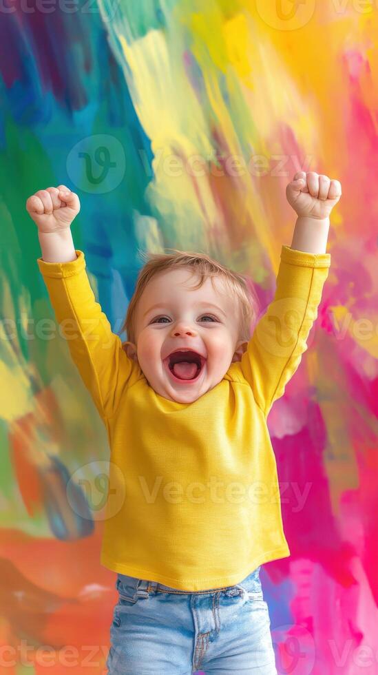 Excited toddler cheering in colorful background on a sunny day photo