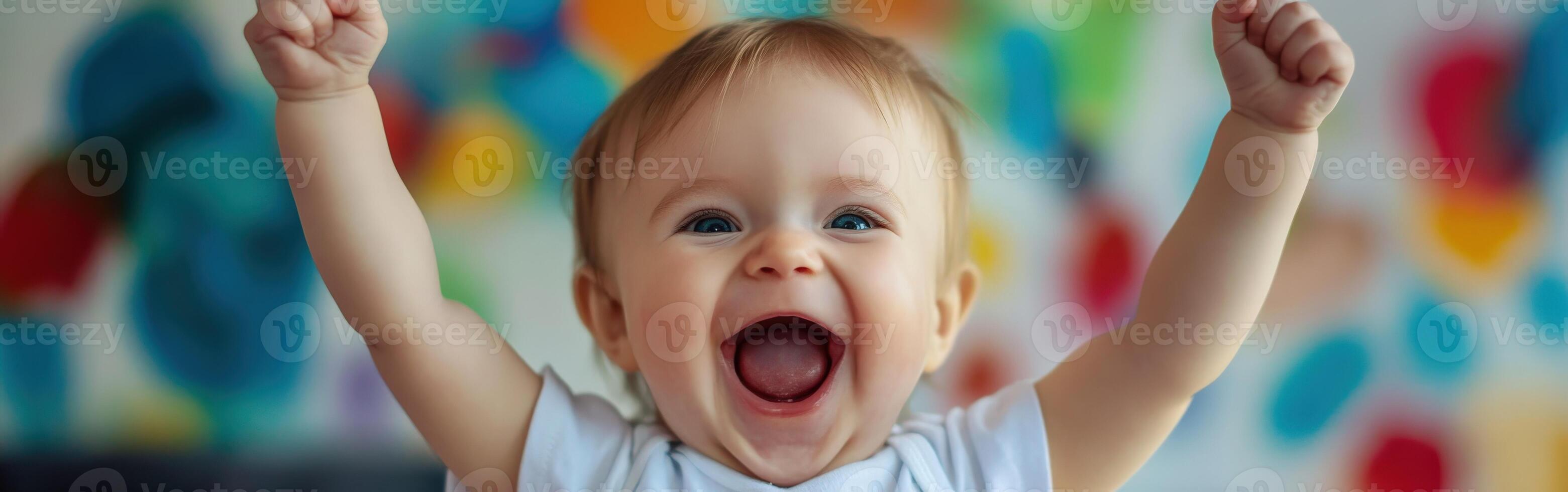 Excited toddler cheering with raised arms in a colorful background photo