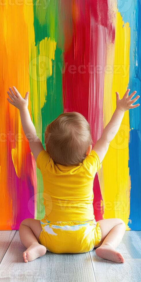 Cheering toddler expresses joy while painting on vibrant colors backdrop photo