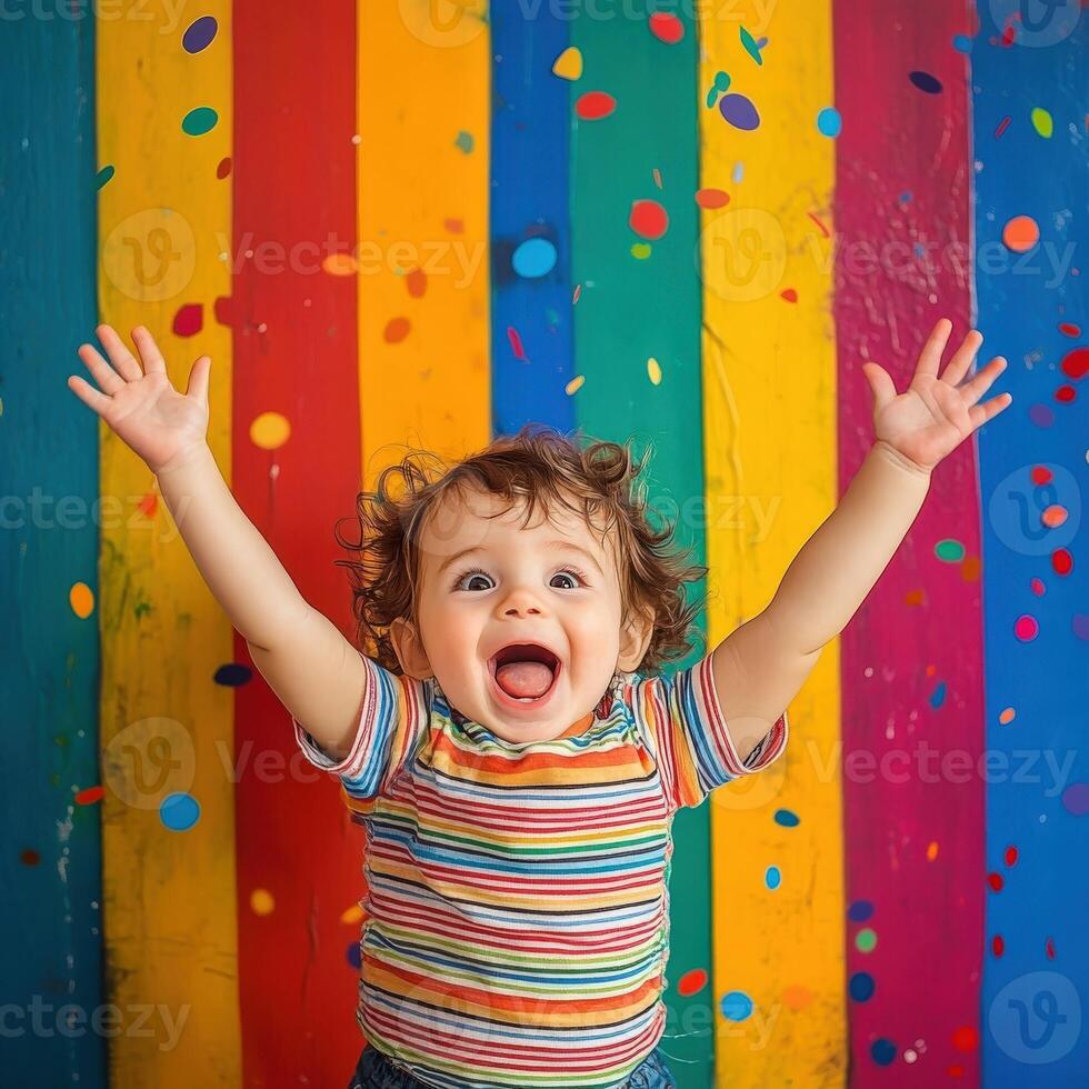 Excited toddler cheering joyfully with colorful confetti backdrop photo