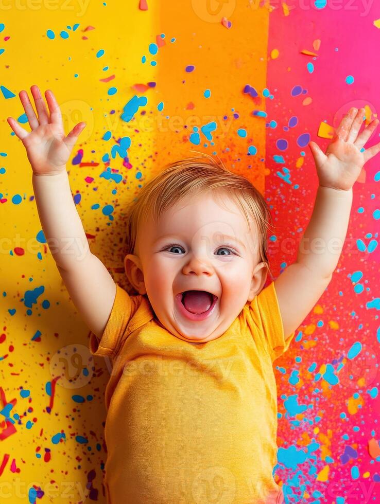 Cheerful toddler excitedly celebrating with colorful confetti on the ground photo