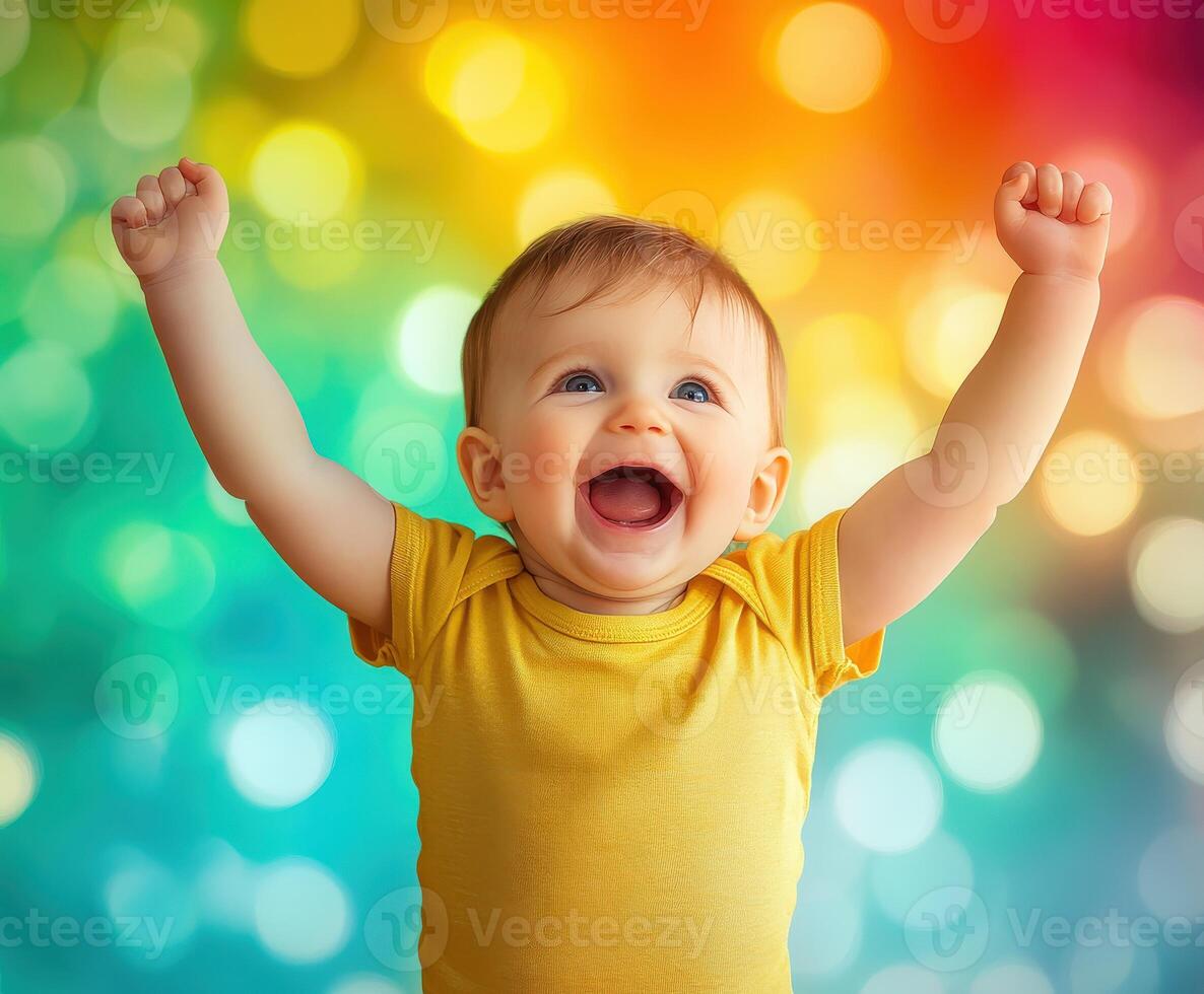 A cheerful toddler raises both arms in excitement, expressing pure joy photo