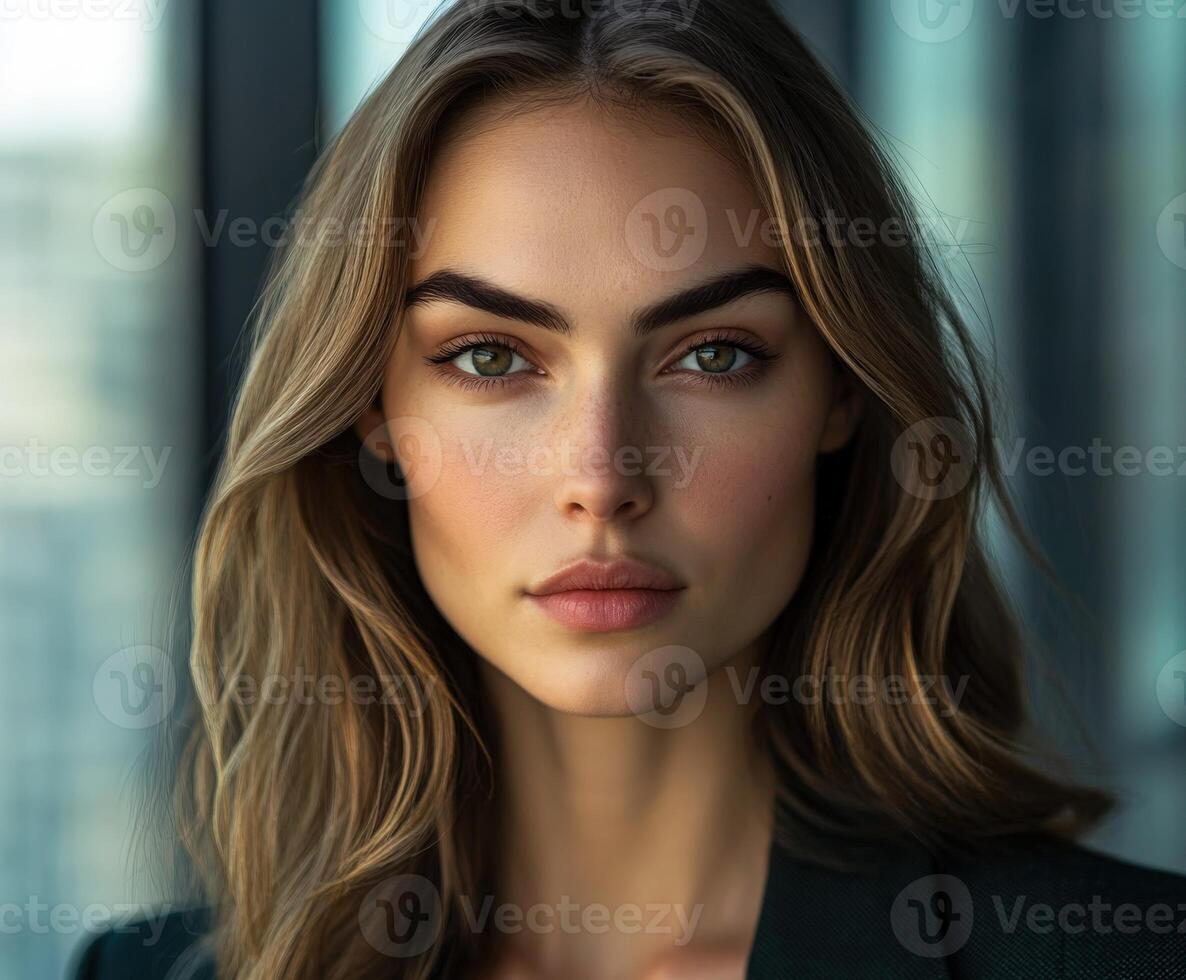 Portrait of a young woman with beautiful features against an urban backdrop photo