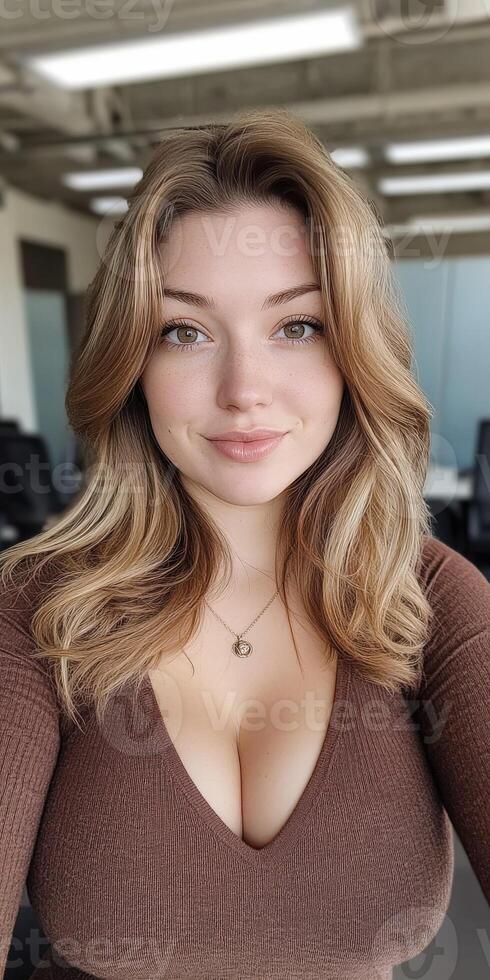 Young woman with long hair smiles in modern office setting photo