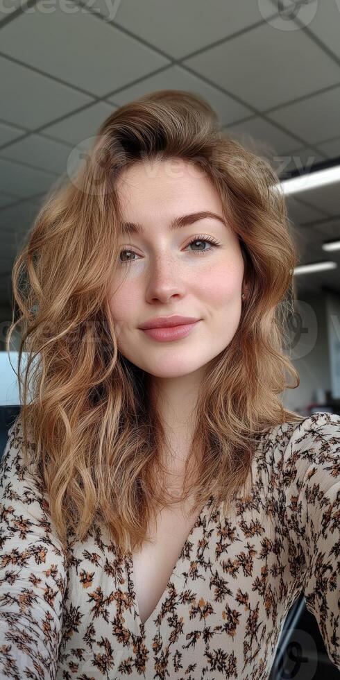 Young woman with wavy hair smiling at the camera in an office setting photo