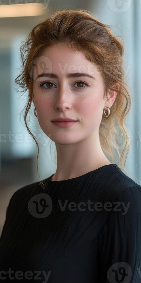 Young woman with red hair poses confidently indoors in natural light photo