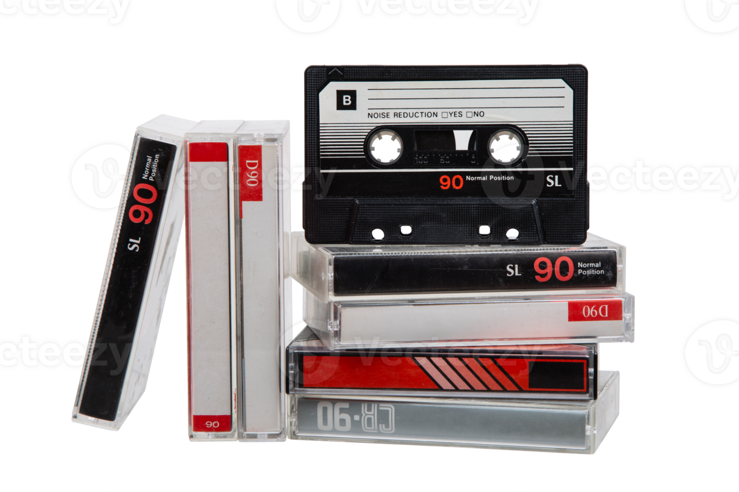 A stack of audio cassettes. Close-up of an audio cassette with a sticker without text. Cassettes for audio recordings and music. Analog storage medium. png