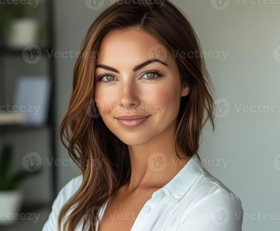 Confident woman smiling in a bright indoor space during the day photo