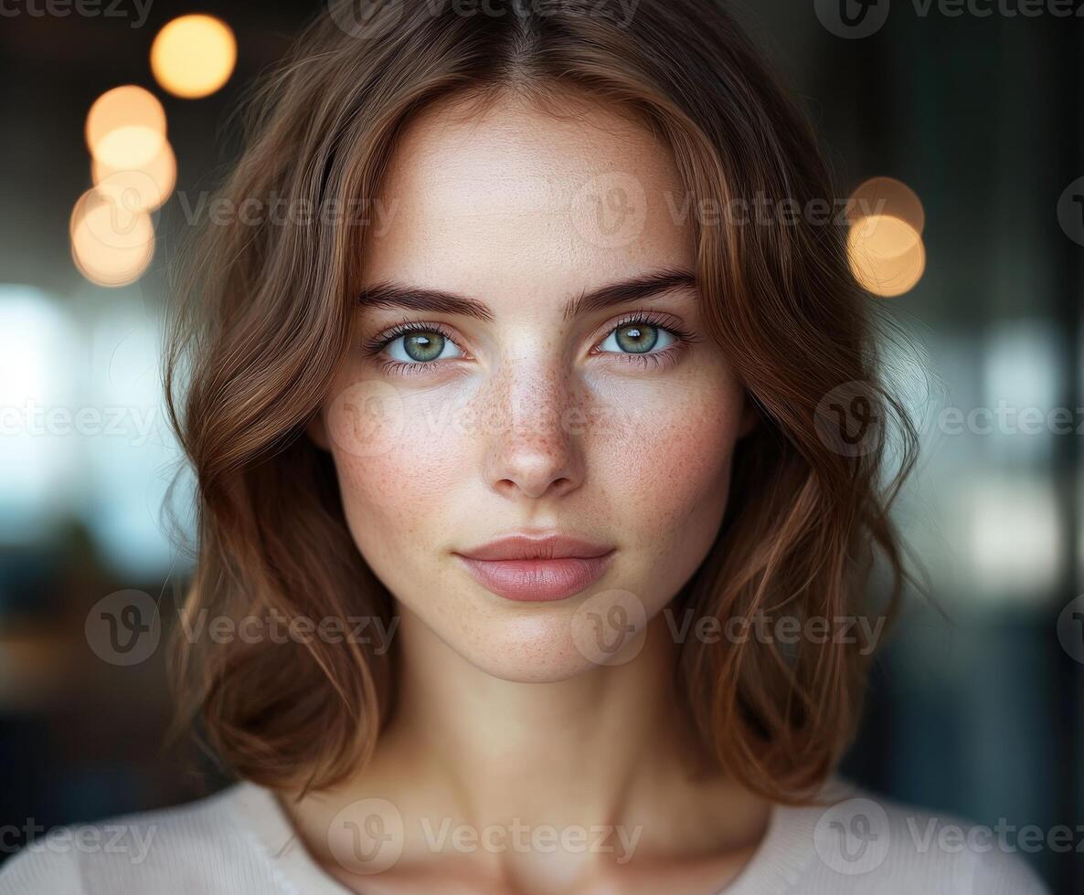 Young woman with captivating green eyes and soft waves in a modern setting photo