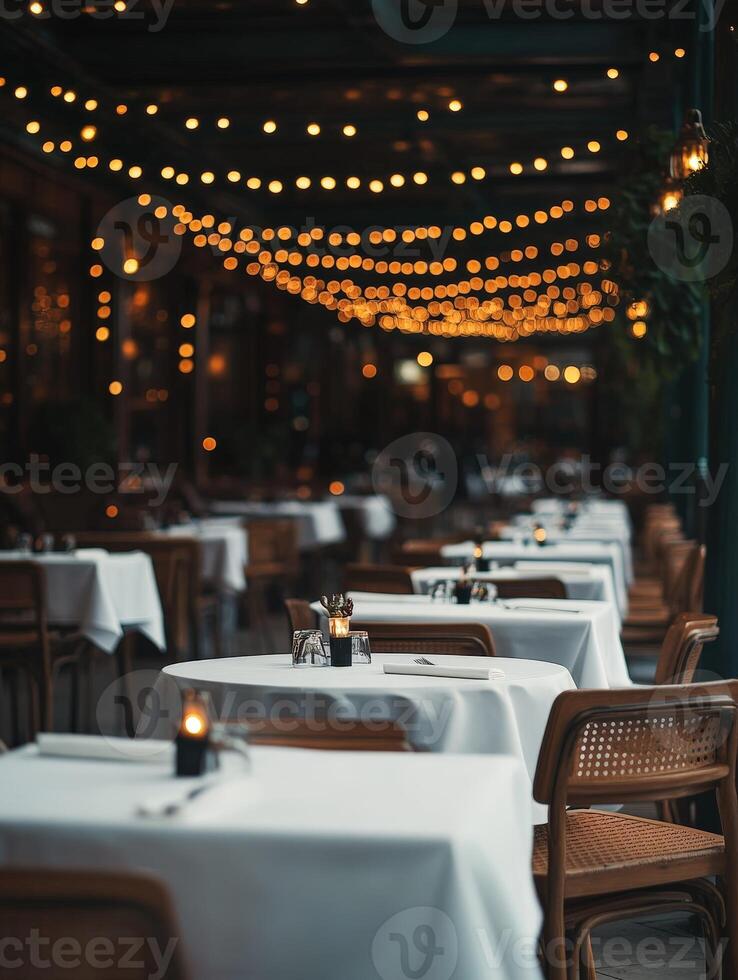 Cozy restaurant ambiance with empty tables and warm string lights at dusk photo