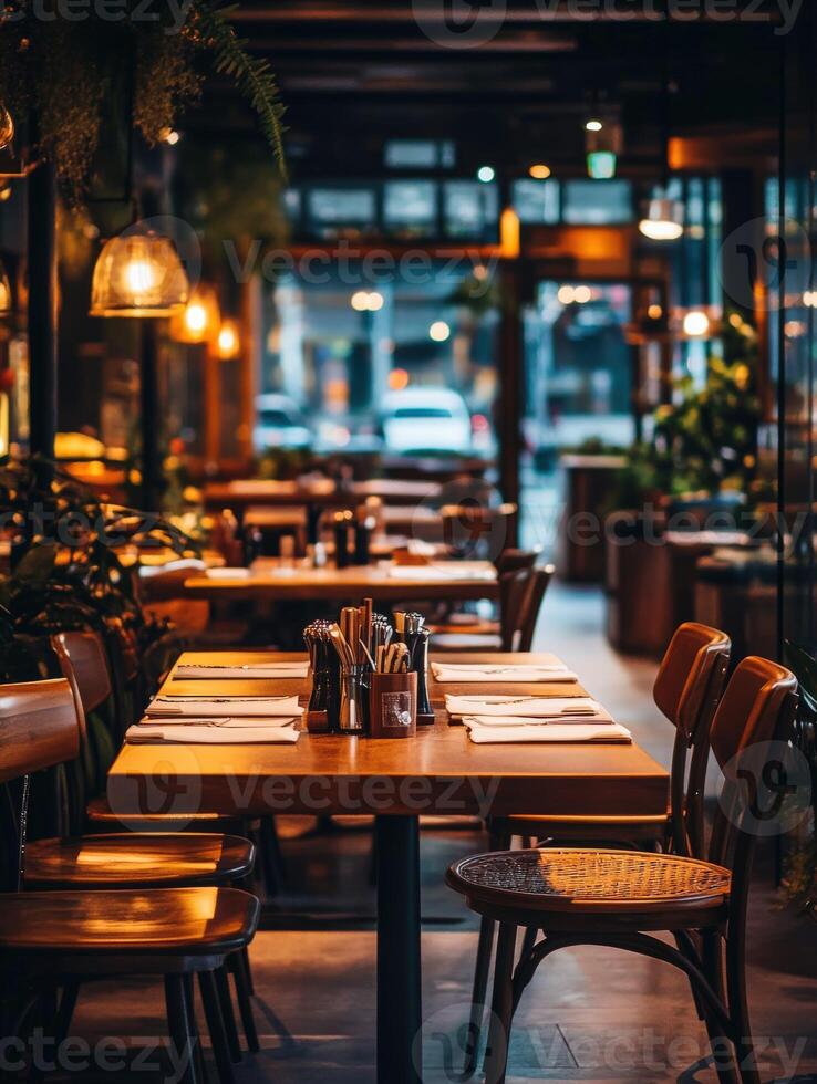 Empty cozy restaurant ready for diners in the evening light photo