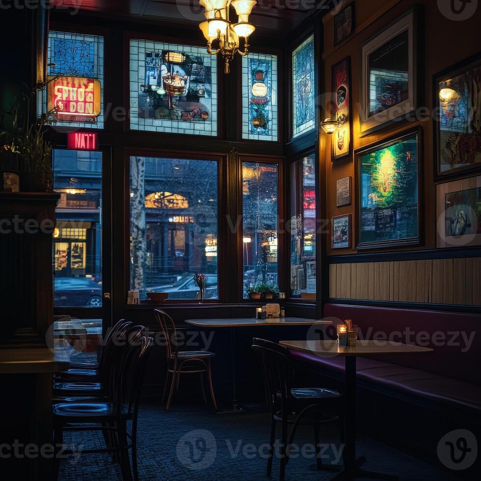 Cozy restaurant interior with dim lighting and empty tables at night photo